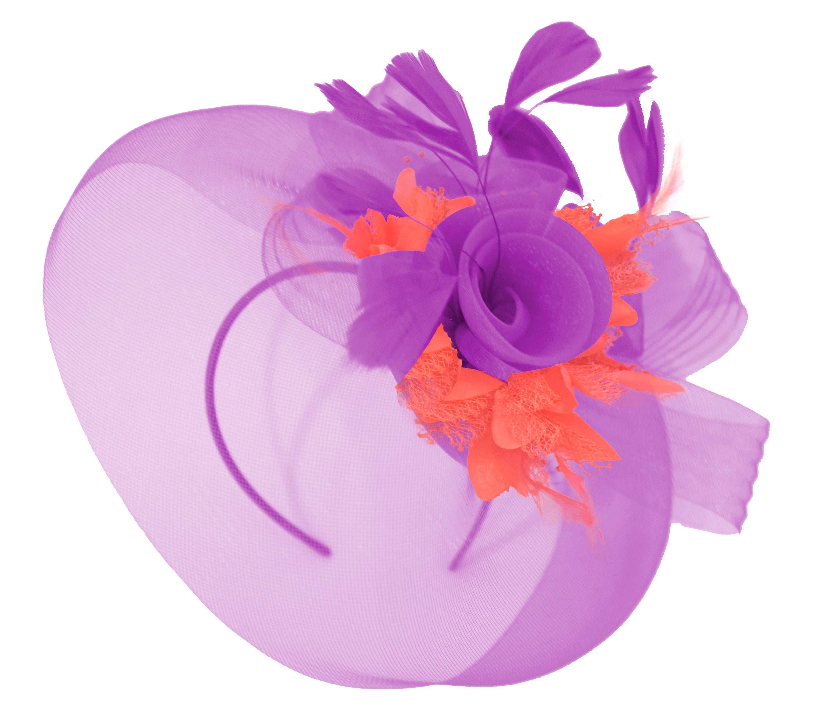 Caprilite Purple and Coral Fascinator on Headband Veil UK Wedding Ascot Races Hatinator