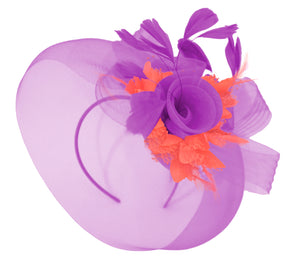 Caprilite Purple and Coral Fascinator on Headband Veil UK Wedding Ascot Races Hatinator