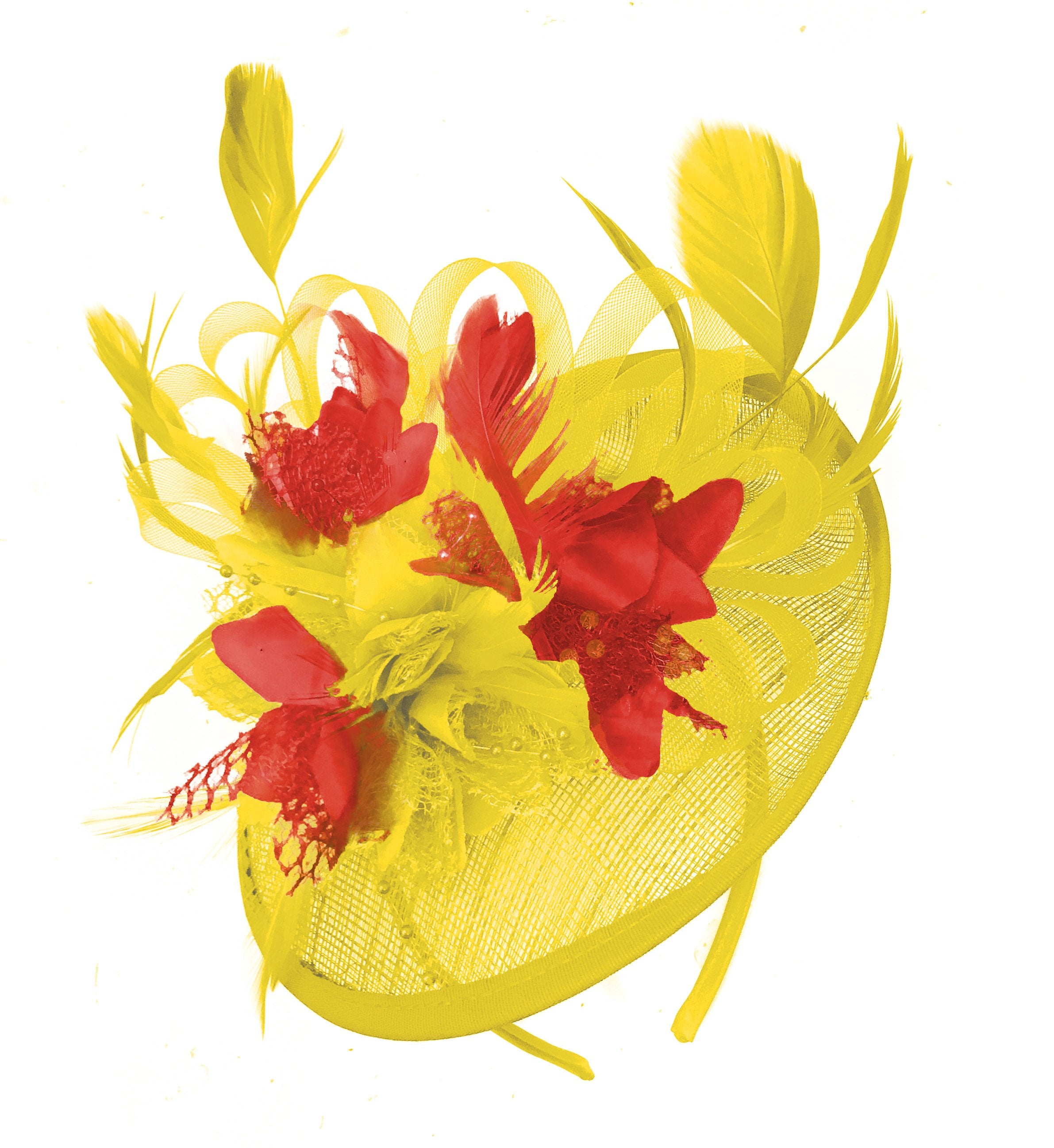 Caprilite Yellow and Red Sinamay Disc Saucer Fascinator Hat for Women Weddings Headband