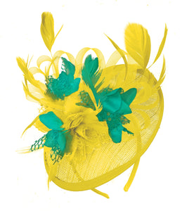 Caprilite Yellow and Teal Sinamay Disc Saucer Fascinator Hat for Women Weddings Headband