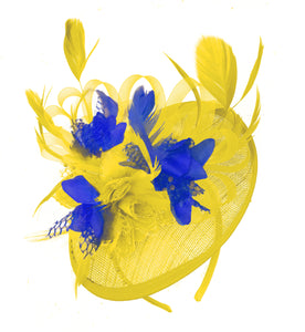 Caprilite Yellow and Royal Blue Sinamay Disc Saucer Fascinator Hat for Women Weddings Headband