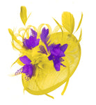 Caprilite Yellow and Cadbury Purple Sinamay Disc Saucer Fascinator Hat for Women Weddings Headband