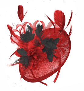 Caprilite Red and Black Sinamay Disc Saucer Fascinator Hat for Women Weddings Headband