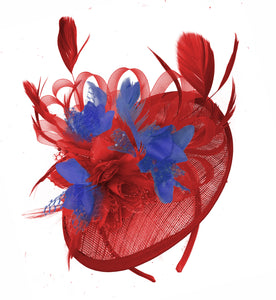 Caprilite Red and Royal Blue Sinamay Disc Saucer Fascinator Hat for Women Weddings Headband