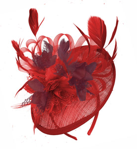 Caprilite Red and Burgundy Sinamay Disc Saucer Fascinator Hat for Women Weddings Headband