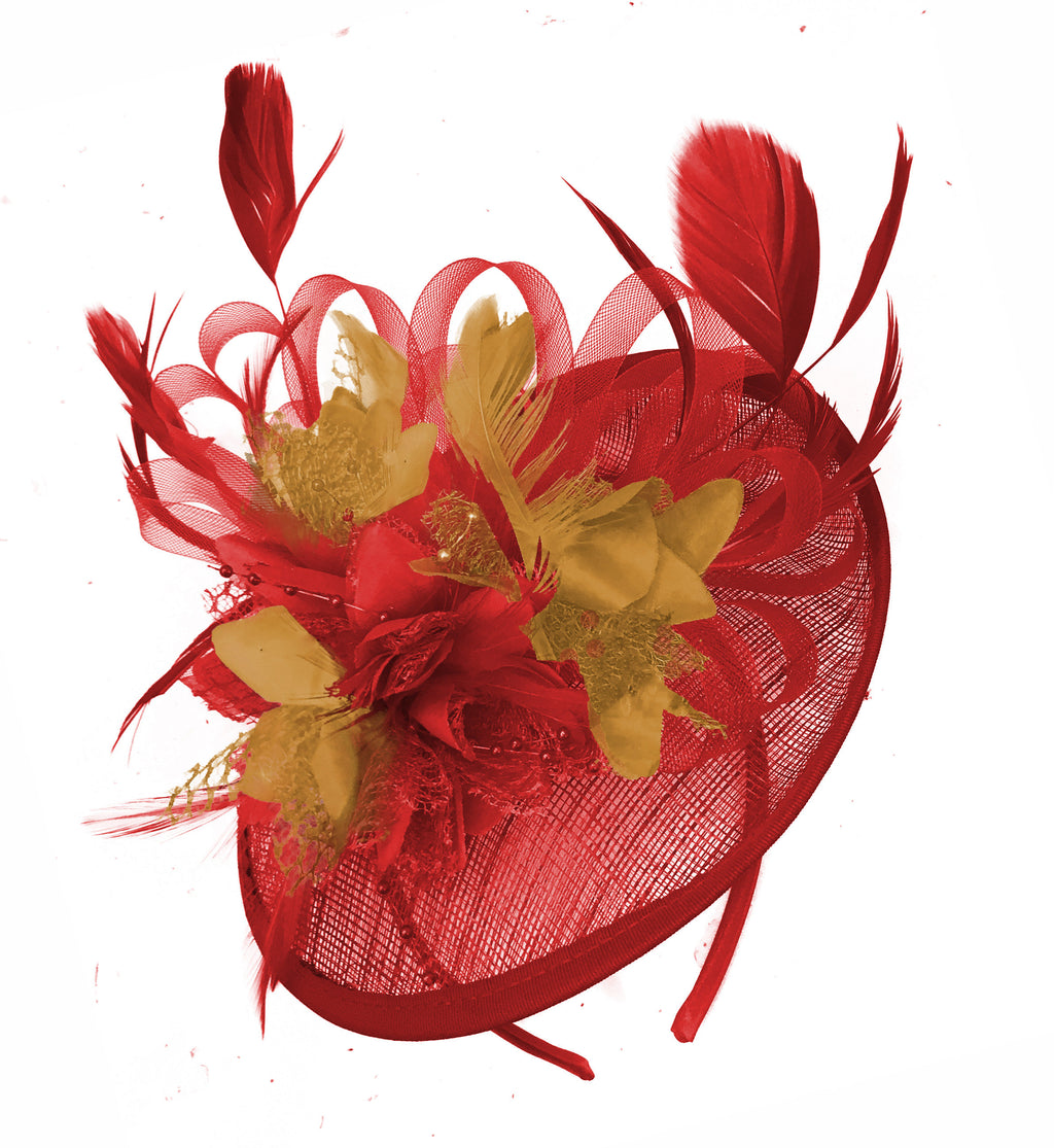 Caprilite Red and Mustard Sinamay Disc Saucer Fascinator Hat for Women Weddings Headband