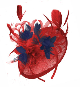 Caprilite Red and Navy Sinamay Disc Saucer Fascinator Hat for Women Weddings Headband