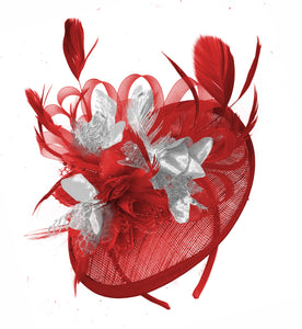 Caprilite Red and Silver Sinamay Disc Saucer Fascinator Hat for Women Weddings Headband