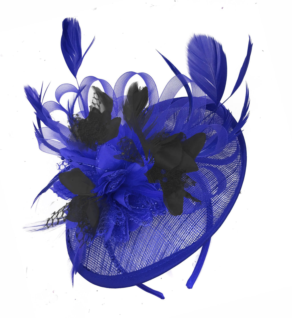 Caprilite Blue and Black Sinamay Disc Saucer Fascinator Hat for Women Weddings Headband