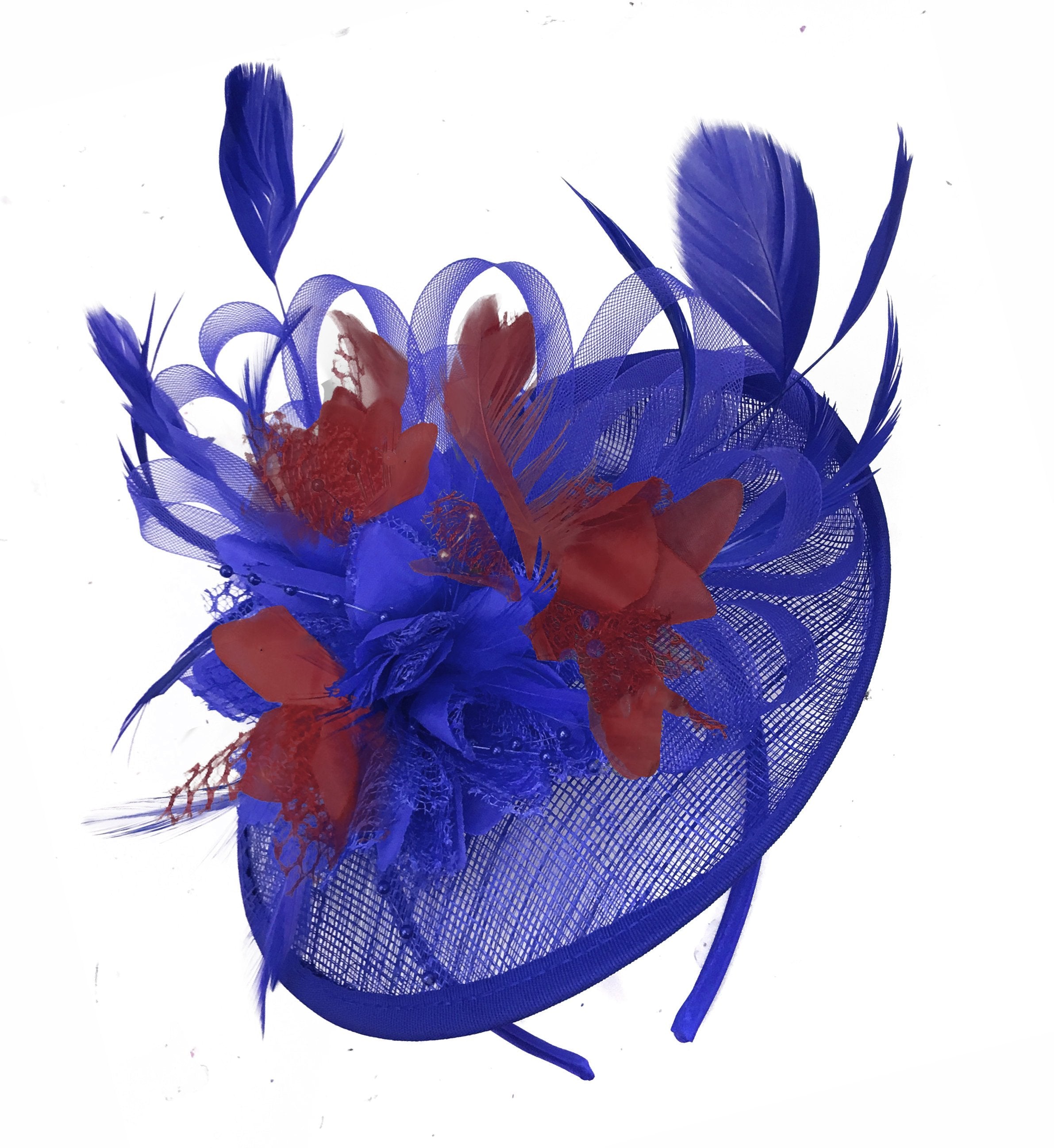 Caprilite Blue and Burgundy Sinamay Disc Saucer Fascinator Hat for Women Weddings Headband