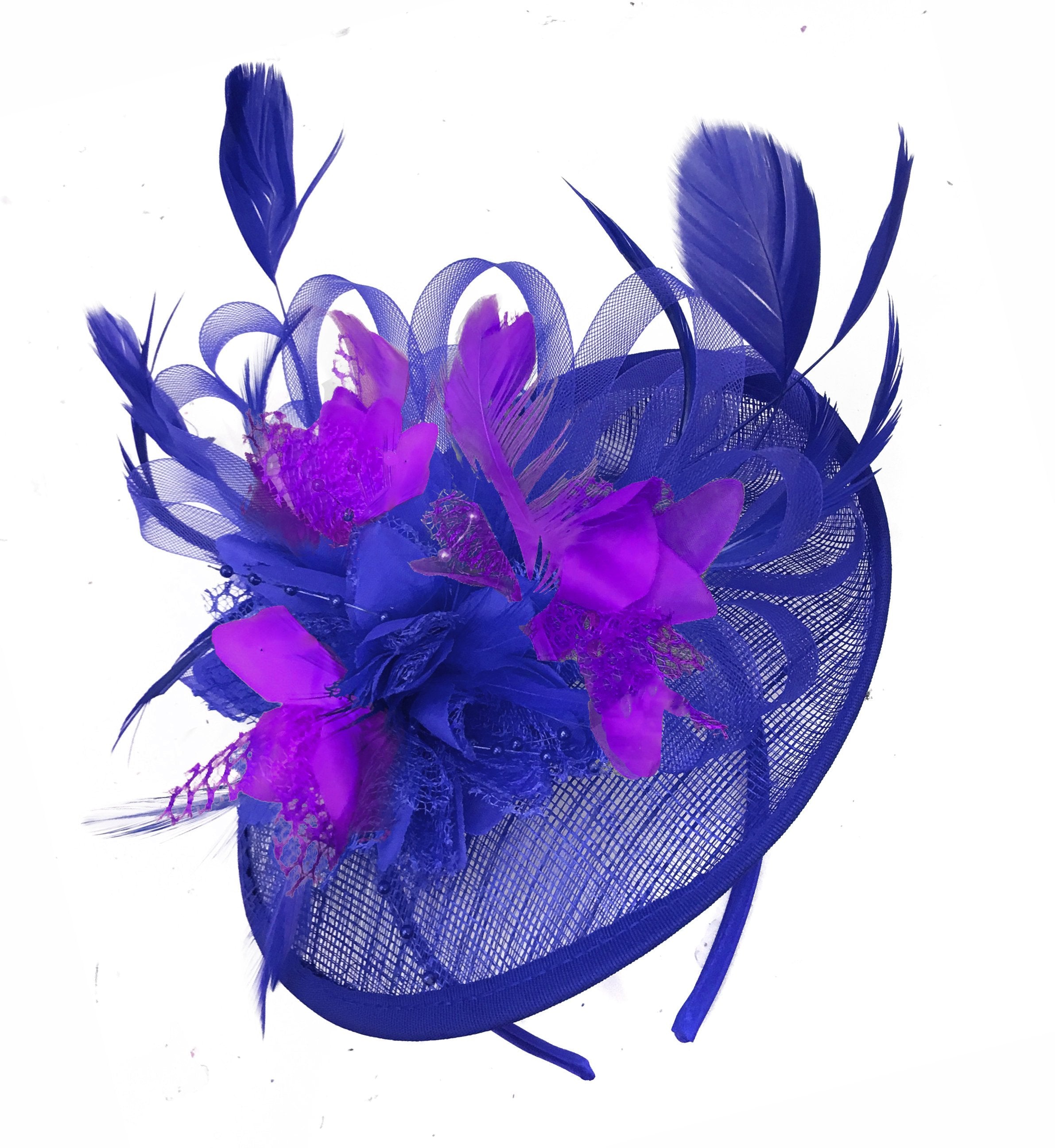 Caprilite Blue and Cadbury Purple Sinamay Disc Saucer Fascinator Hat for Women Weddings Headband