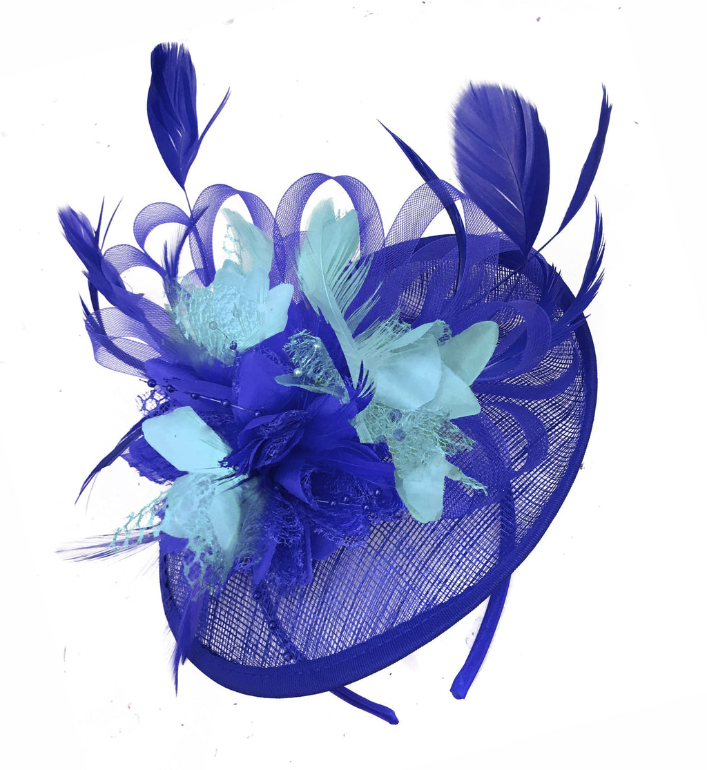 Caprilite Blue and Light Turquoise Sinamay Disc Saucer Fascinator Hat for Women Weddings Headband