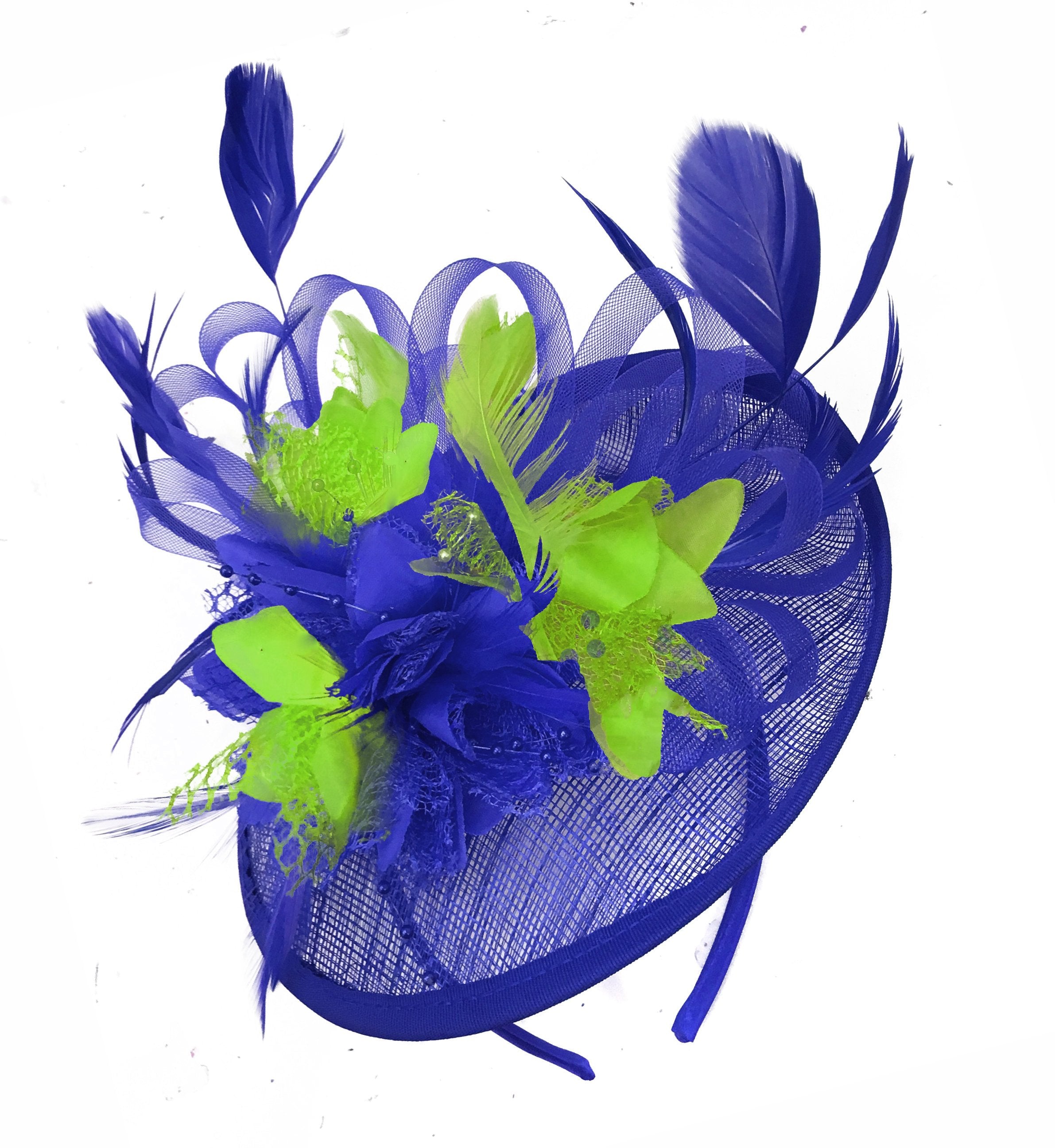 Caprilite Blue and Lime Sinamay Disc Saucer Fascinator Hat for Women Weddings Headband