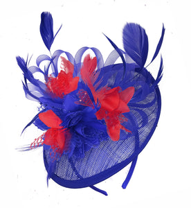 Caprilite Blue and Red Sinamay Disc Saucer Fascinator Hat for Women Weddings Headband