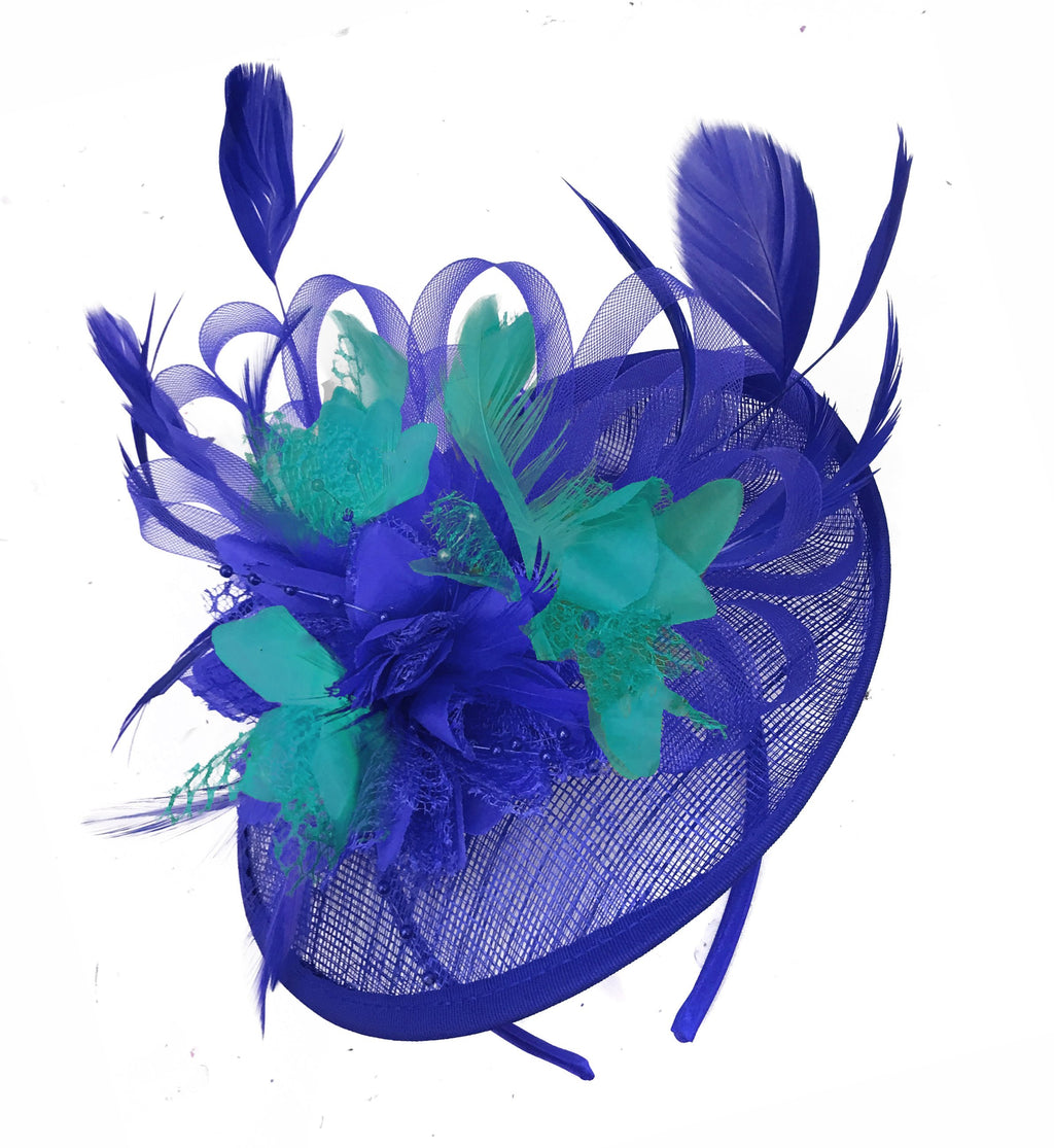 Caprilite Blue and Turquoise Sinamay Disc Saucer Fascinator Hat for Women Weddings Headband