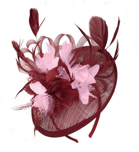 Caprilite Burgundy and Baby Pink Sinamay Disc Saucer Fascinator Hat for Women Weddings Headband