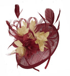 Caprilite Burgundy and Beige Sinamay Disc Saucer Fascinator Hat for Women Weddings Headband