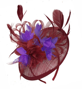 Caprilite Burgundy and Cadbury Purple Sinamay Disc Saucer Fascinator Hat for Women Weddings Headband
