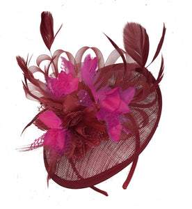 Caprilite Burgundy and Fuchsia Sinamay Disc Saucer Fascinator Hat for Women Weddings Headband