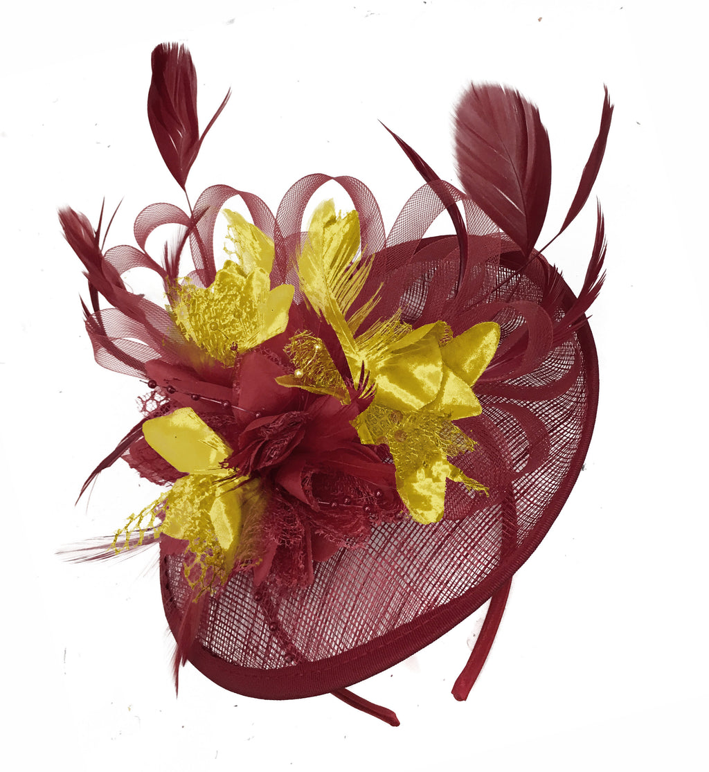 Caprilite Burgundy and Gold Sinamay Disc Saucer Fascinator Hat for Women Weddings Headband