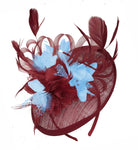 Caprilite Burgundy and Light Blue Sinamay Disc Saucer Fascinator Hat for Women Weddings Headband