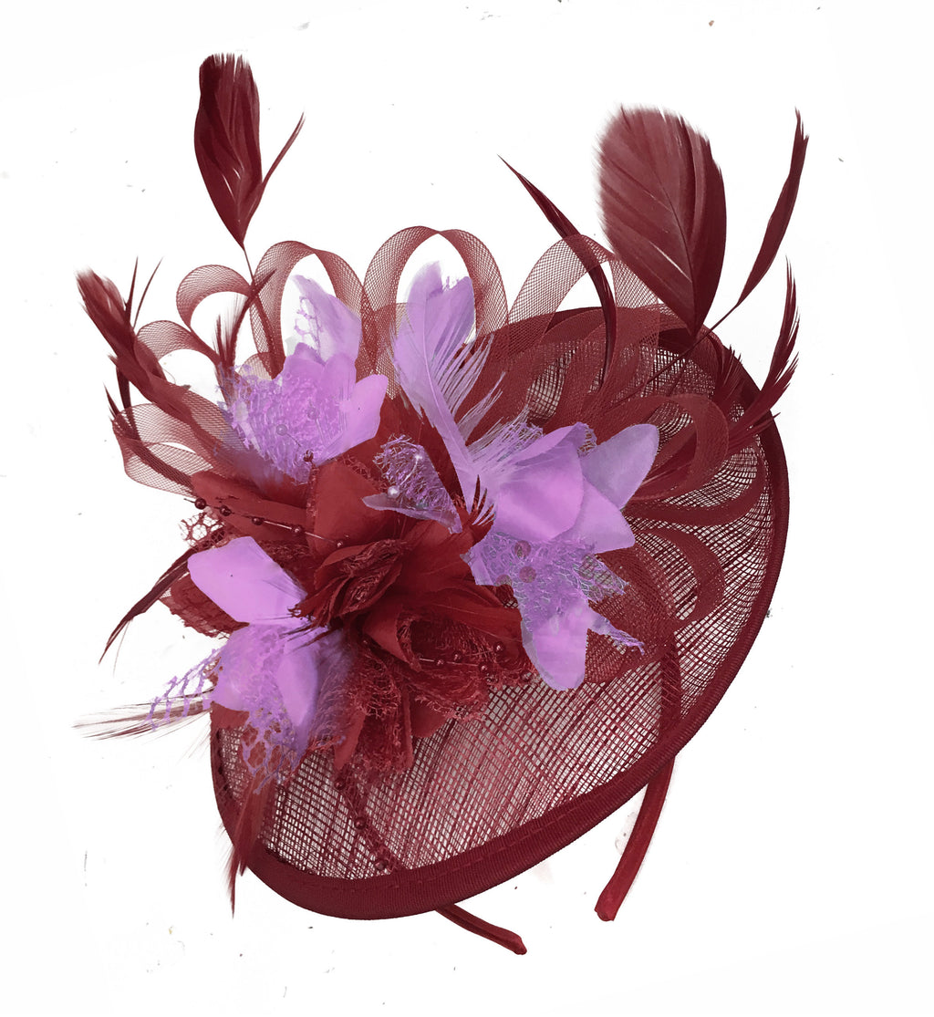 Caprilite Burgundy and Lilac Sinamay Disc Saucer Fascinator Hat for Women Weddings Headband