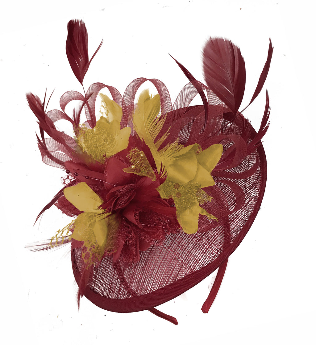 Caprilite Burgundy and Mustard Sinamay Disc Saucer Fascinator Hat for Women Weddings Headband