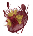 Caprilite Burgundy and Mustard Sinamay Disc Saucer Fascinator Hat for Women Weddings Headband