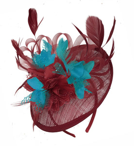 Caprilite Burgundy and Teal Sinamay Disc Saucer Fascinator Hat for Women Weddings Headband