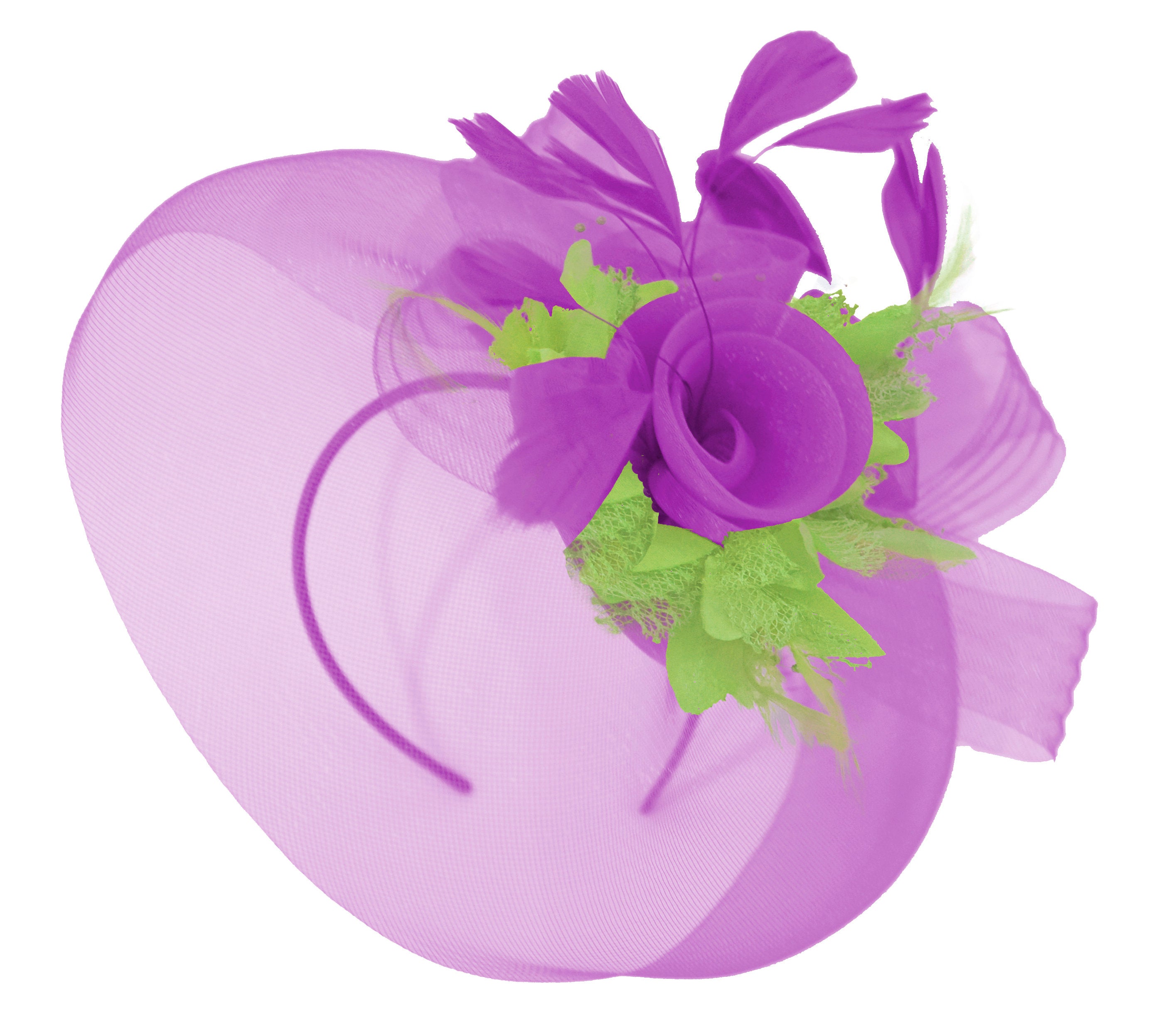 Caprilite Purple and Lime Green  Fascinator on Headband Veil UK Wedding Ascot Races Hatinator