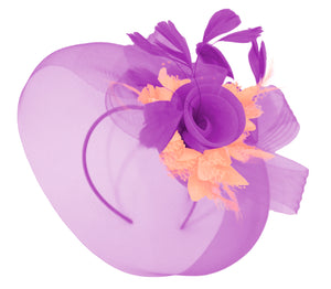 Caprilite Purple and Peach Fascinator on Headband Veil UK Wedding Ascot Races Hatinator