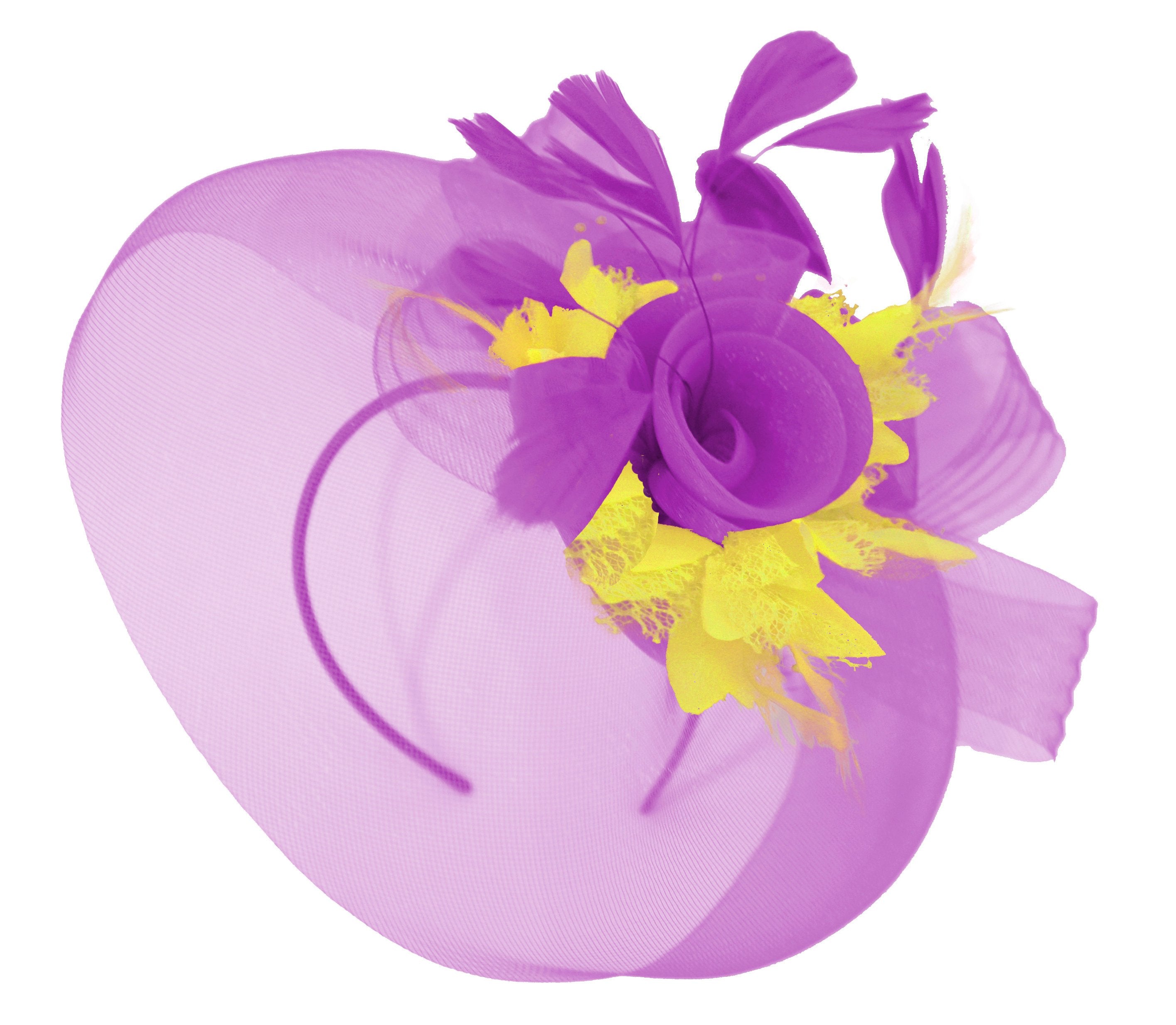 Caprilite Purple and Yellow Fascinator on Headband Veil UK Wedding Ascot Races Hatinator