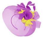 Caprilite Purple and Yellow Fascinator on Headband Veil UK Wedding Ascot Races Hatinator