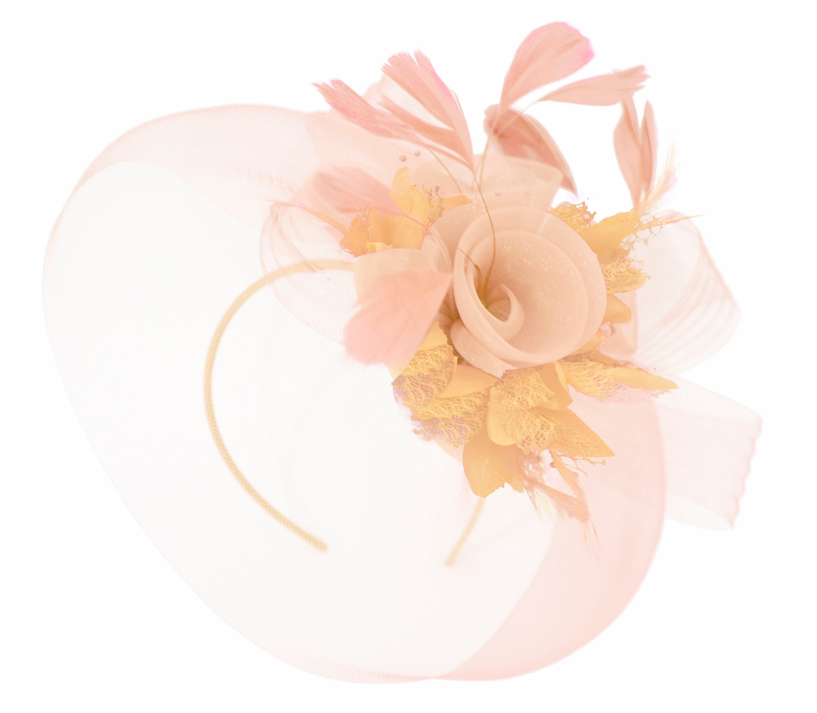 Caprilite Nude Pink Peach and Beige Fascinator Hat Veil Net Hair Clip Ascot Derby Races Wedding Headband Feather Flower