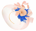 Caprilite Nude Pink Peach and Royal Blue Fascinator Hat Veil Net Hair Clip Ascot Derby Races Wedding Headband Feather Flower