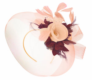 Caprilite Nude Pink Peach and Burgundy Fascinator Hat Veil Net Hair Clip Ascot Derby Races Wedding Headband Feather Flower