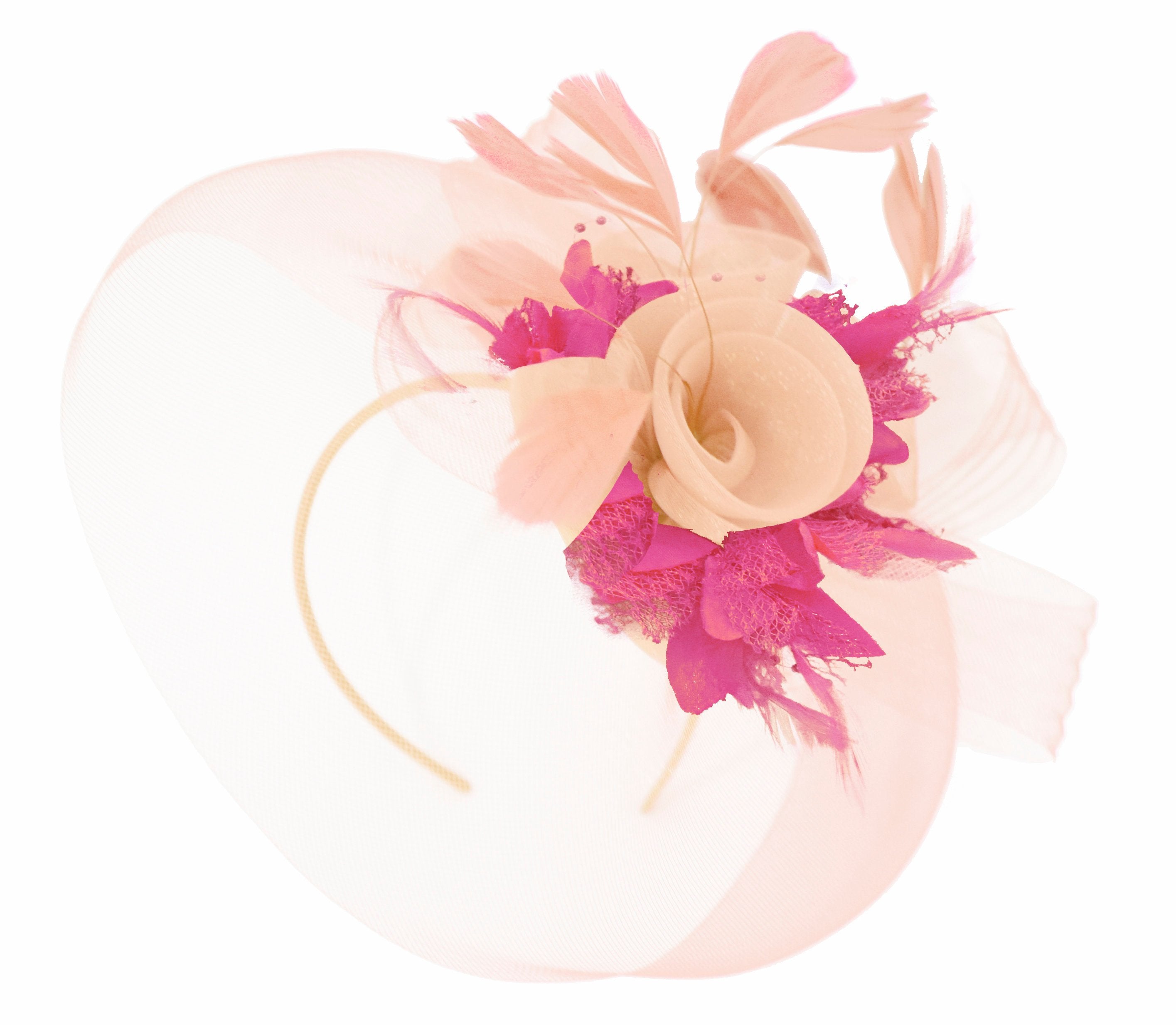 Caprilite Nude Pink Peach and Fuchsia Pink Fascinator Hat Veil Net Hair Clip Ascot Derby Races Wedding Headband Feather Flower