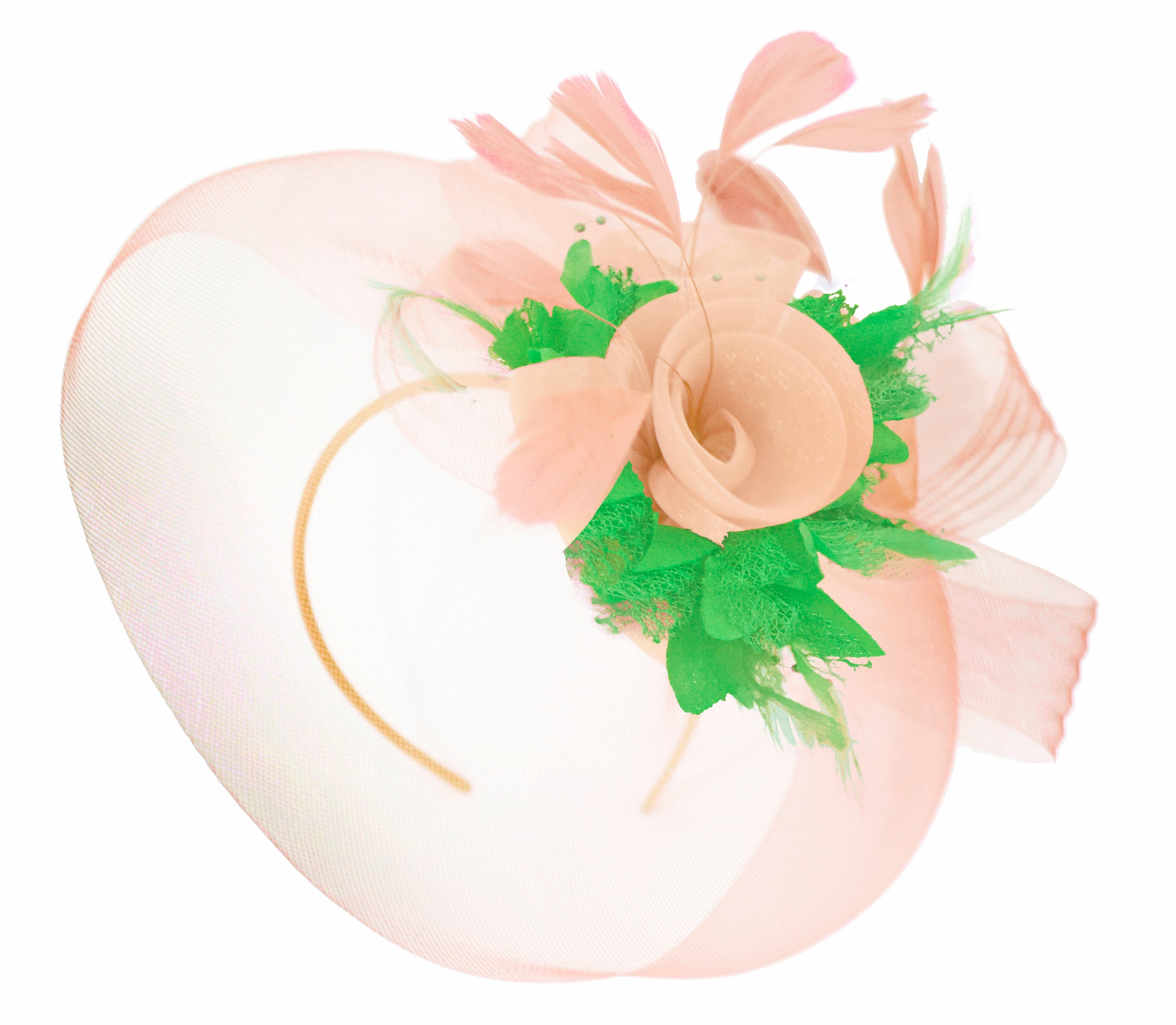 Caprilite Nude Pink Peach and Jade Green Fascinator Hat Veil Net Hair Clip Ascot Derby Races Wedding Headband Feather Flower