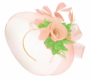 Caprilite Nude Pink Peach and Lime Green Fascinator Hat Veil Net Hair Clip Ascot Derby Races Wedding Headband Feather Flower