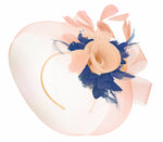 Caprilite Nude Pink Peach and Navy Blue Fascinator Hat Veil Net Hair Clip Ascot Derby Races Wedding Headband Feather Flower