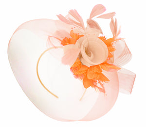 Caprilite Nude Pink Peach and Orange Fascinator Hat Veil Net Hair Clip Ascot Derby Races Wedding Headband Feather Flower