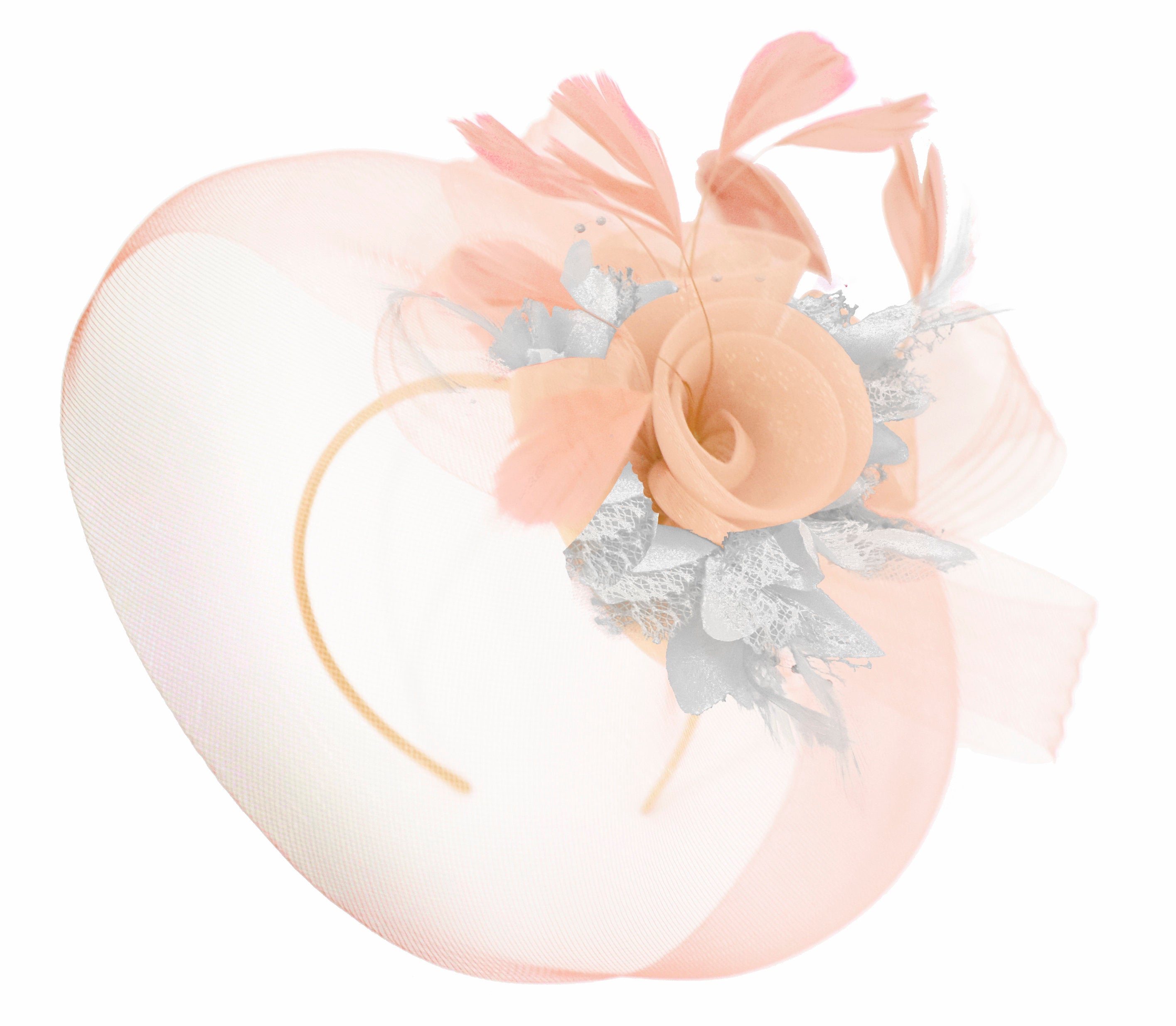 Caprilite Nude Pink Peach and Silver Fascinator Hat Veil Net Hair Clip Ascot Derby Races Wedding Headband Feather Flower