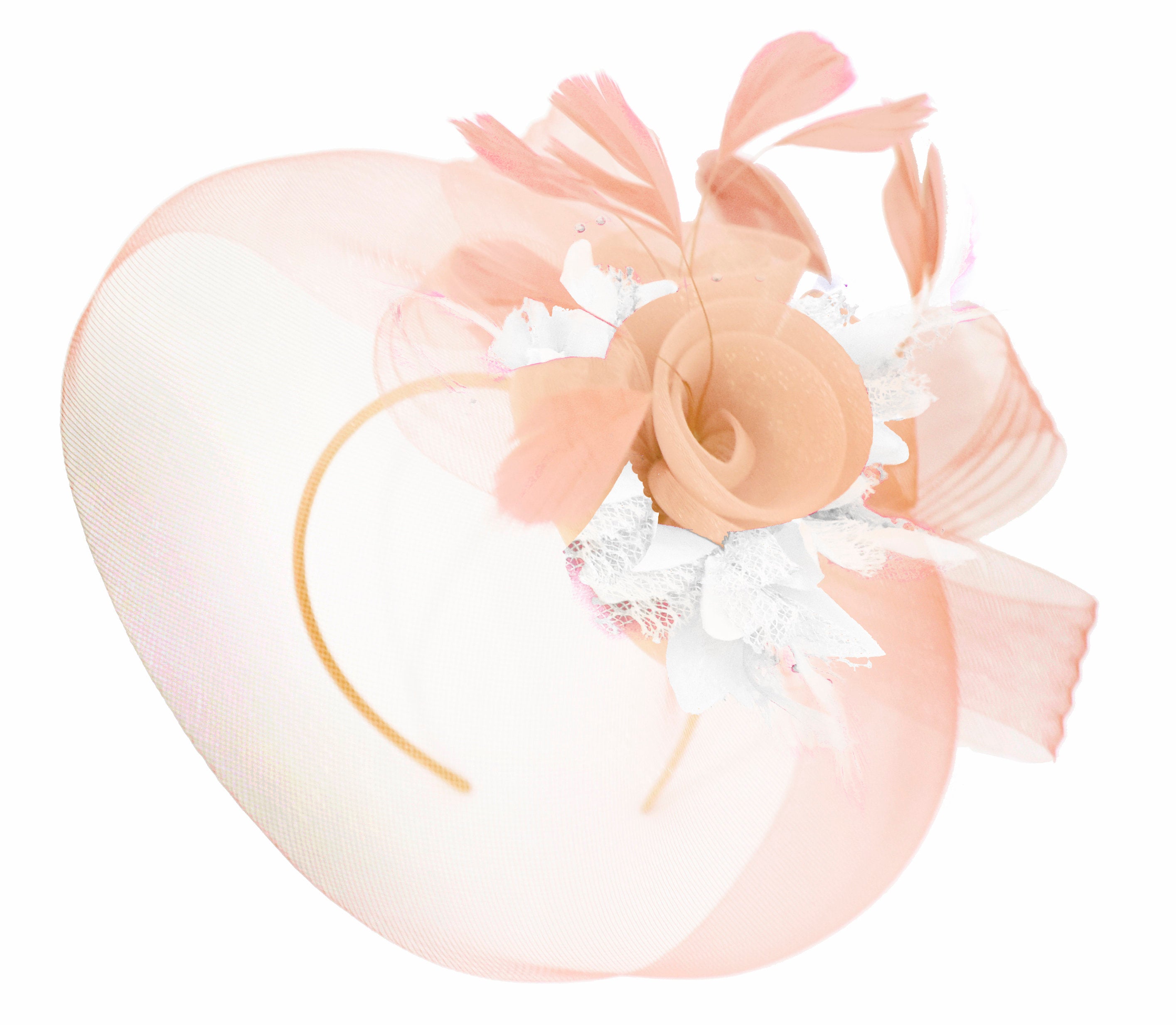 Caprilite Nude Pink Peach and White Fascinator Hat Veil Net Hair Clip Ascot Derby Races Wedding Headband Feather Flower