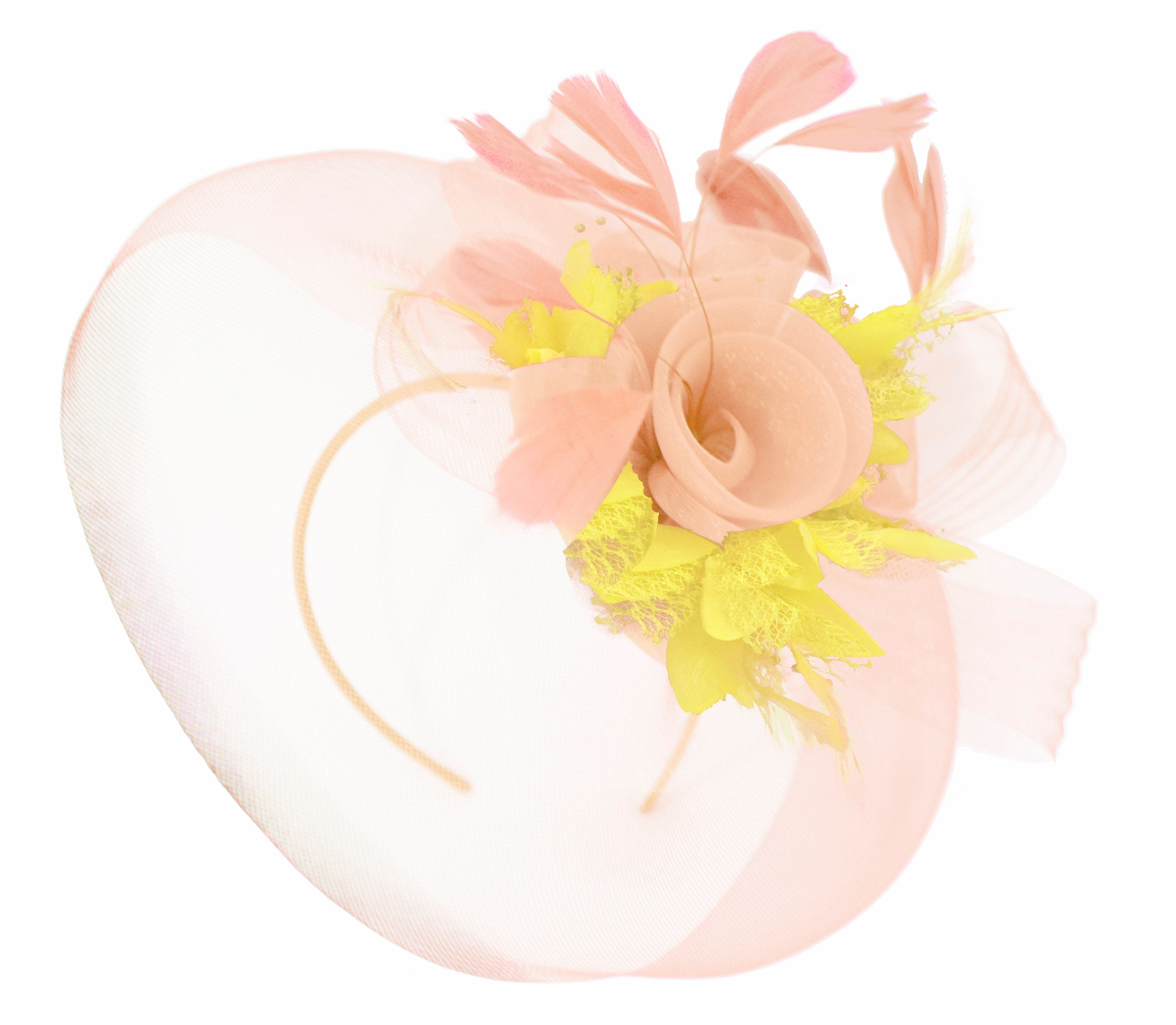 Caprilite Nude Pink Peach and Yellow Fascinator Hat Veil Net Hair Clip Ascot Derby Races Wedding Headband Feather Flower