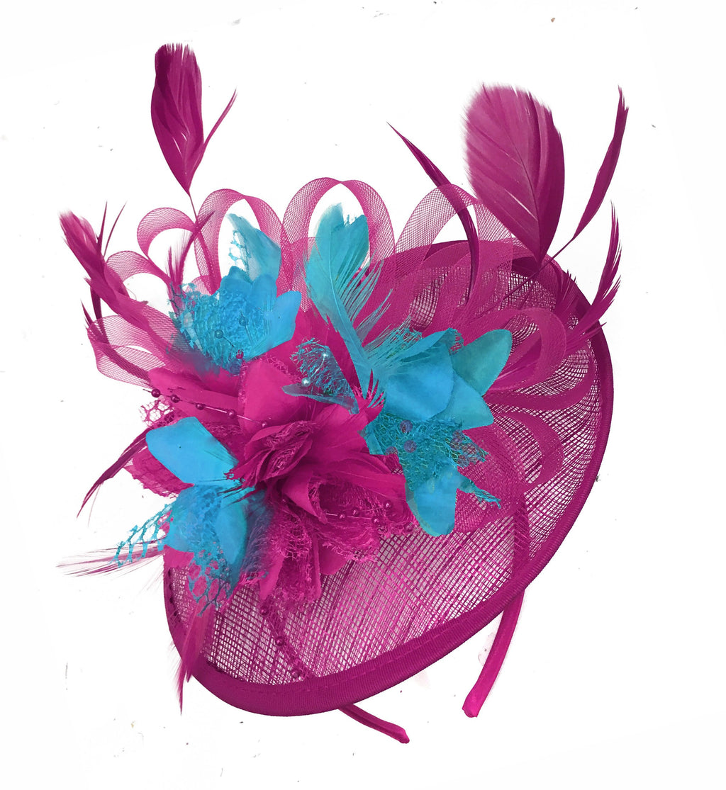 Caprilite Fuchsia Hot Pink and Aqua Sinamay Disc Saucer Fascinator Hat for Women Weddings Headband