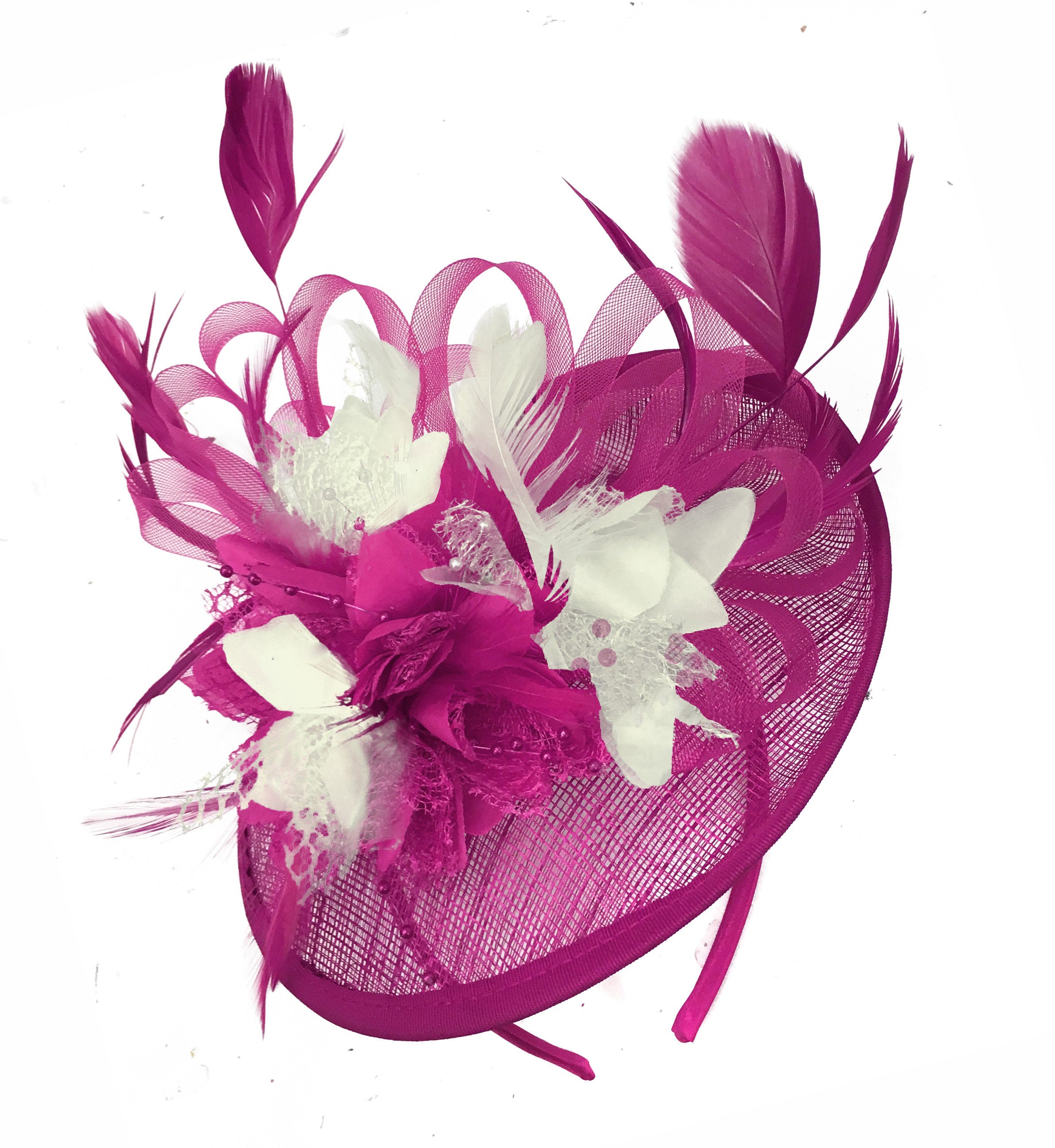 Caprilite Fuchsia Hot Pink and Cream Sinamay Disc Saucer Fascinator Hat for Women Weddings Headband