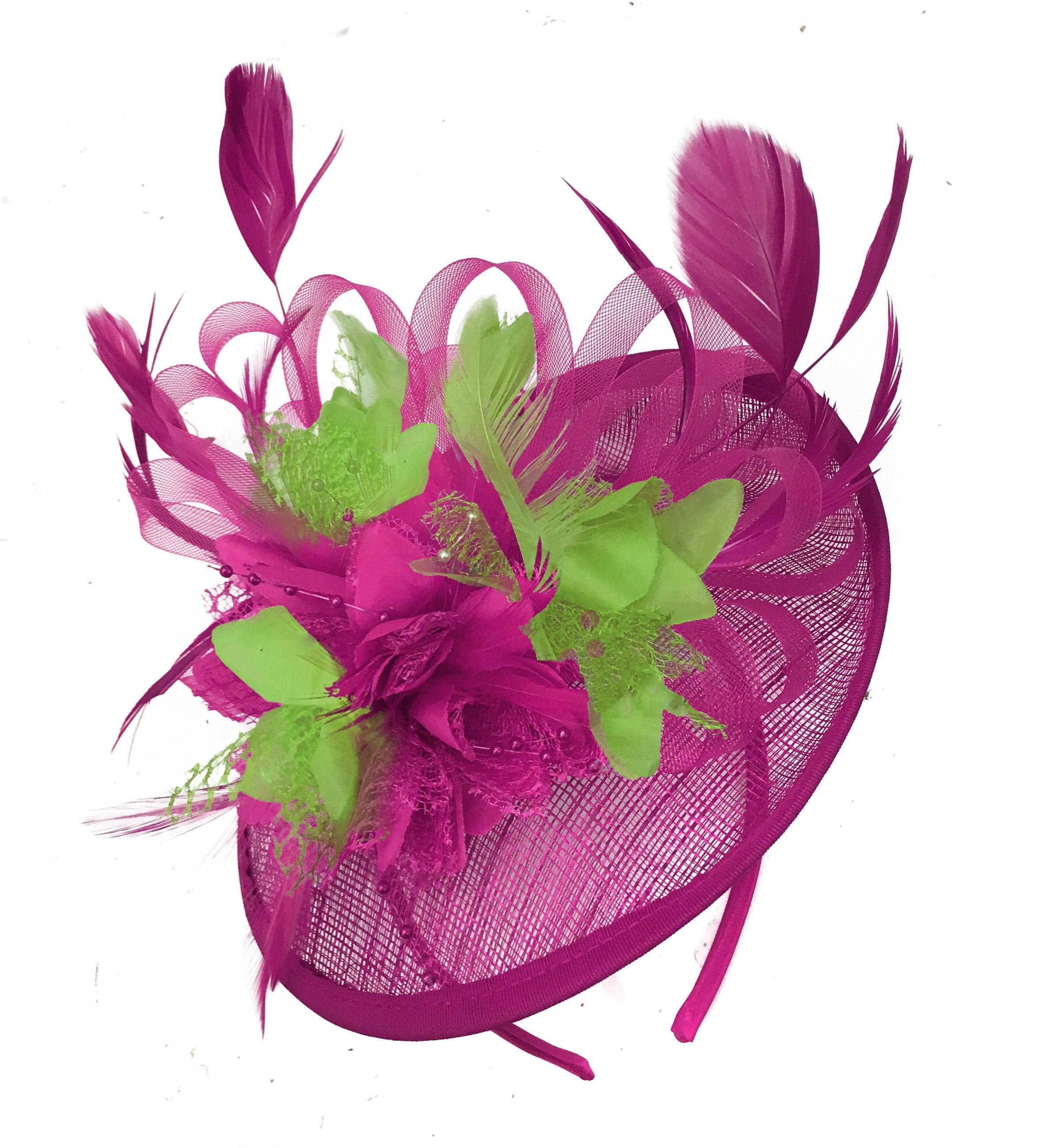 Caprilite Fuchsia Hot Pink and Lime Green Sinamay Disc Saucer Fascinator Hat for Women Weddings Headband