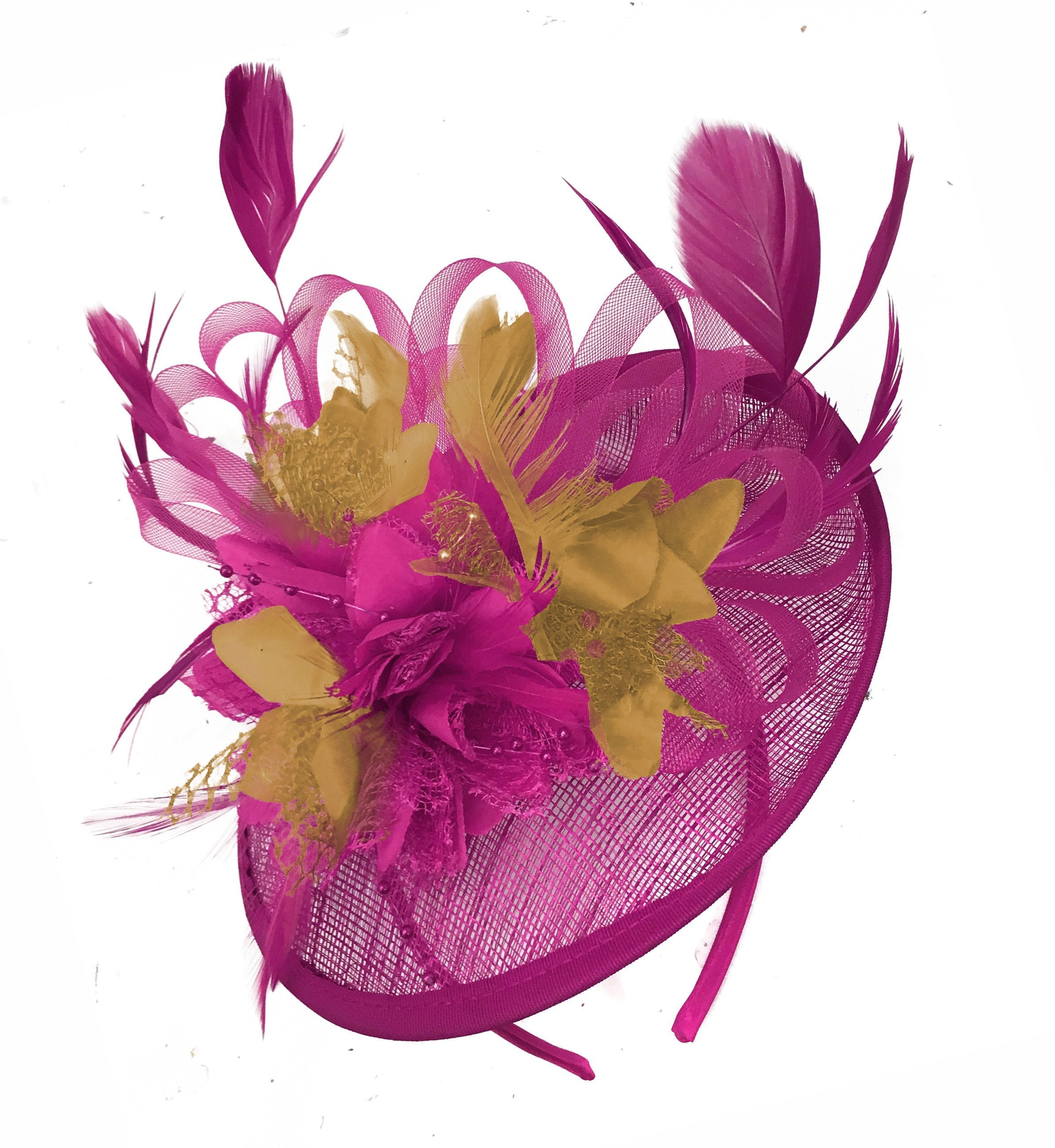 Caprilite Fuchsia Hot Pink and Mustard Yellow Sinamay Disc Saucer Fascinator Hat for Women Weddings Headband