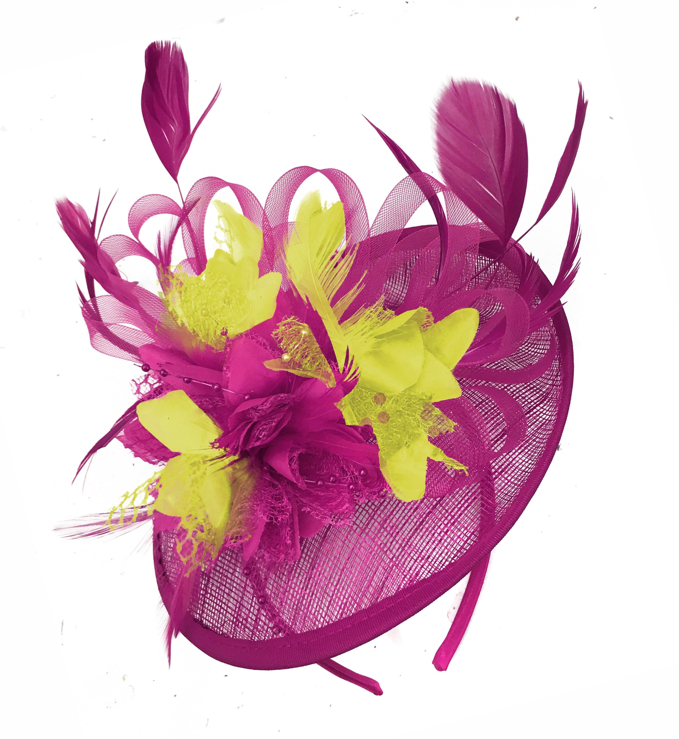 Caprilite Fuchsia Hot Pink and Yellow Sinamay Disc Saucer Fascinator Hat for Women Weddings Headband