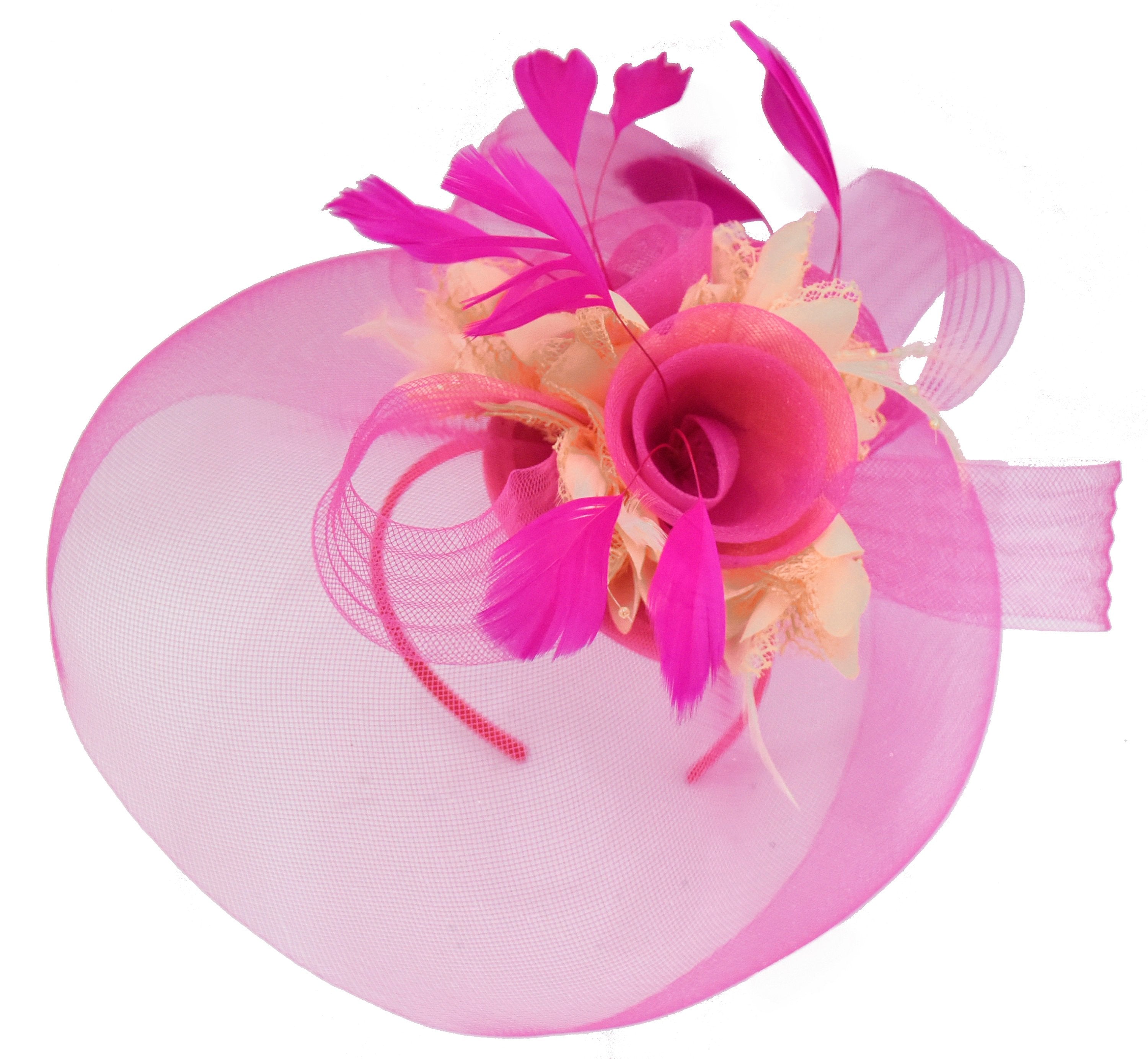 Caprilite Fuchsia Hot Pink and Beige Fascinator Hat Veil Net Hair Clip Ascot Derby Races Wedding Headband Feather Flower
